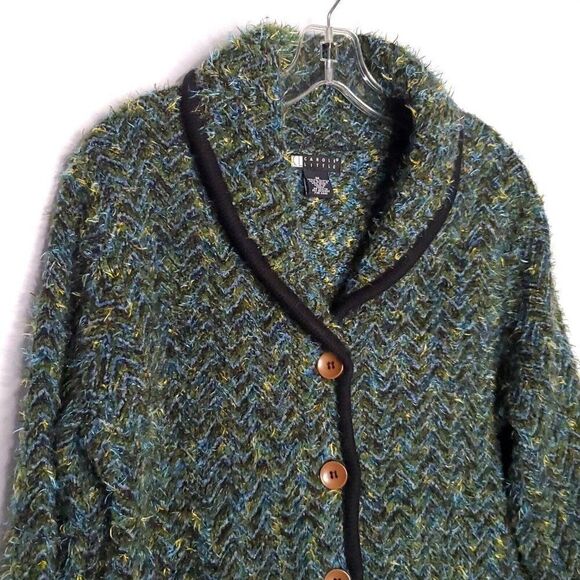 Carole Little Fuzzy Fringe Knit Blazer Jacket M Green Blue Shawl Collar Wool - Picture 2 of 5